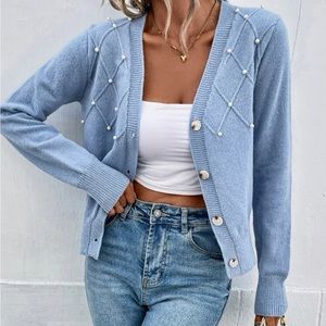 **SIZE M** NWOT SHEIN Frenchy Pearl Beaded Textured Knit Cardigan